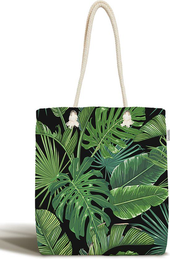 Schoudertas Dames Canvas Palmbladeren Zwart 45x50cm Strandtas