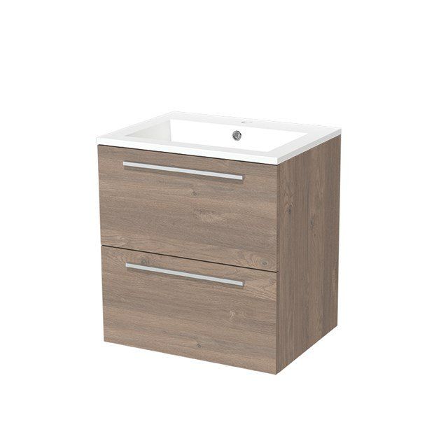 Maxaro Badkamermeubel 60cm Modulo Middenbruin Eiken 2 lades Vlak Wastafel Mineraalmarmer