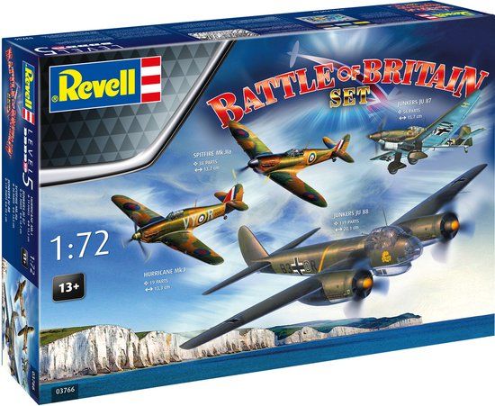 Revell Modelbouwpakket Vliegtuigen - 03766 Battle of Britain 85th Anniversary - Spitfire + Hurricane + 2x Junkers - Vliegtuigen Plastic - 1:72 - Modelbouw