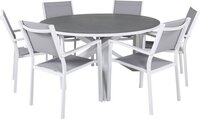 Hioshop Copacabana tuinmeubelset tafel Ø140cm en 6 stoel stapel Copacabana wit, grijs, crèmekleur.