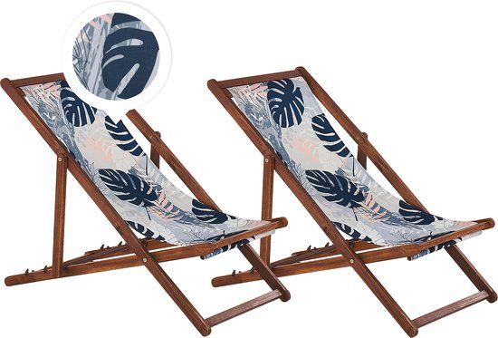 ANZIO - Set of 2 Beach Chairs - Dark Wood/Palm/Blue - Polyester