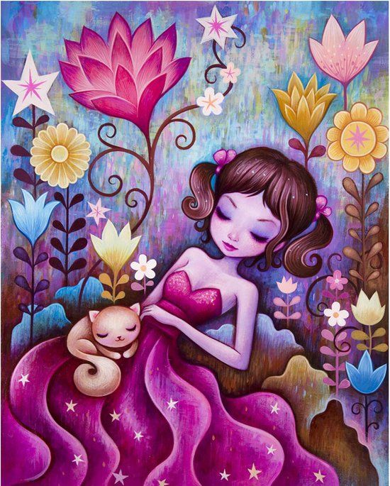 Diamond Painting Set - Young Woman in Dress Between Flowers & Sleeping Kitten - 40x50cm