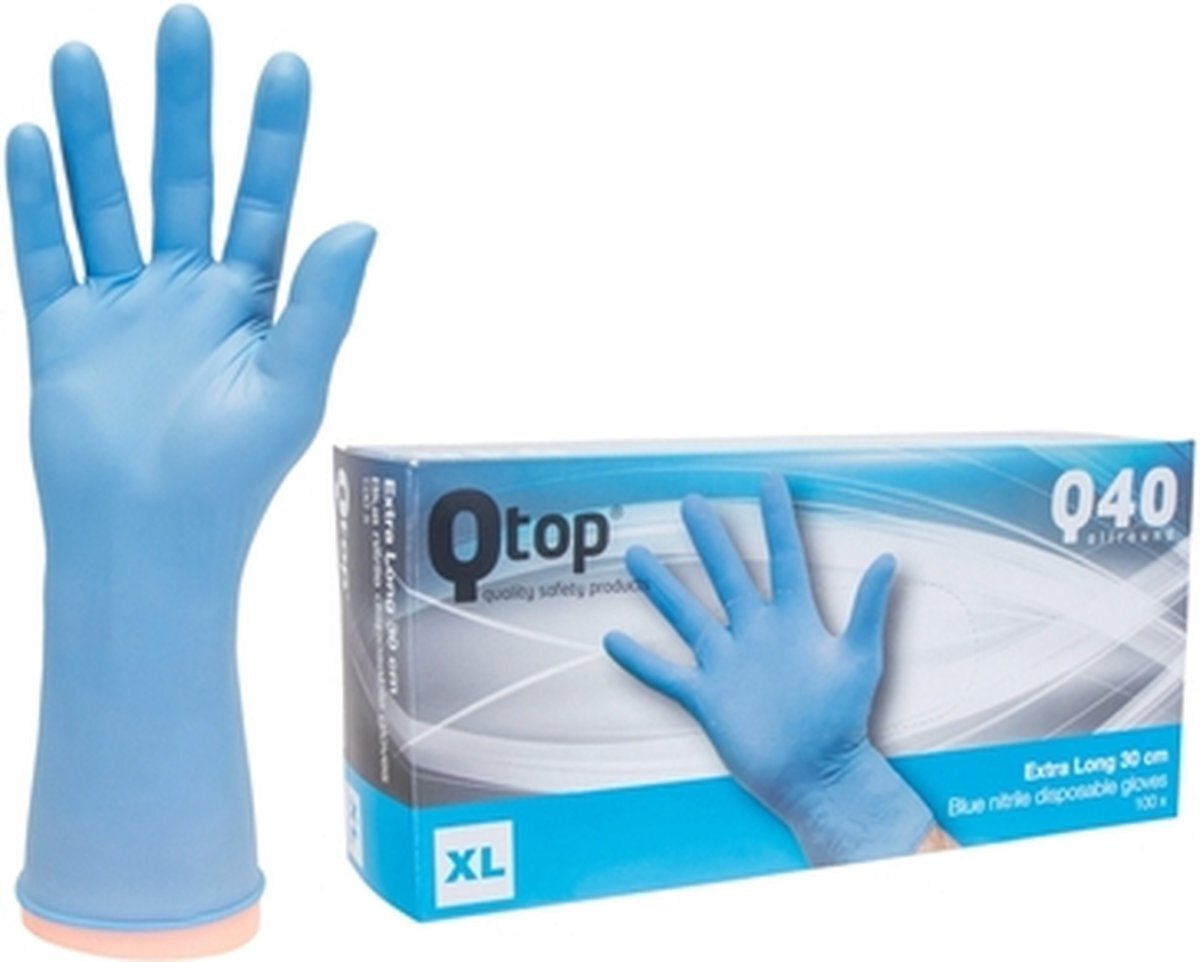 Qtop Nitril onderzoeks handschoen blauw, 30cm maat XL, ongepoederd lang manchet, doos 10 x 100st