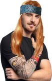 Boland Carnaval Verkleed set Rocker/biker - Heren - pruik met haarband in het bruin en arm sleeves met tatoeages