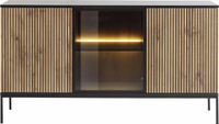 Vente-unique Buffetkast met 3 deurtjes met ledverlichting van MDF en gerookt glas - Zwart en naturel - OVILA