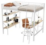 Meubles pour enfants : Lit superposé avec bureau - 90 x 200 cm - MDF et métal - Rangement - 3 grandes étagères - Blanc