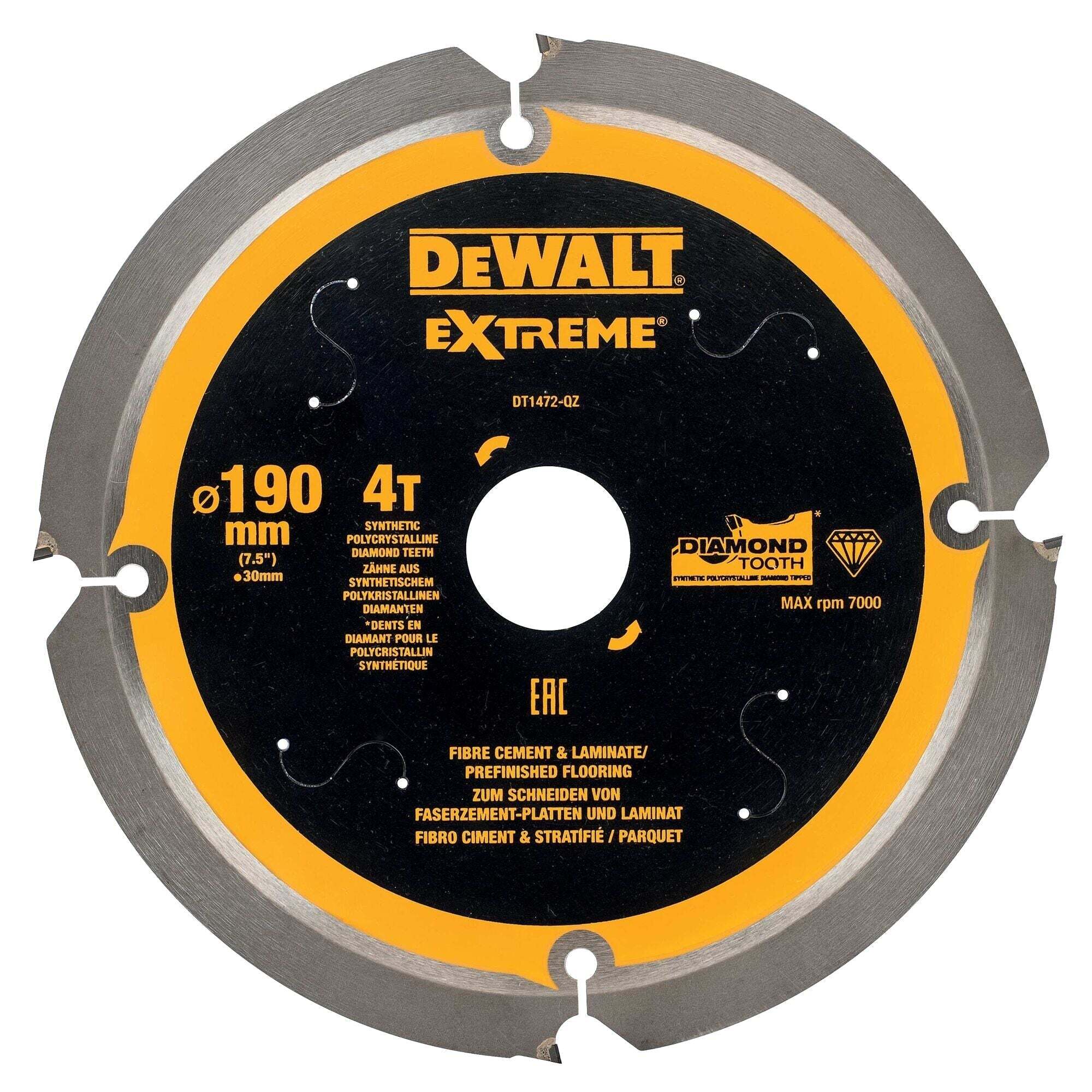 DeWALT Cirkelzaagblad voor Cementplaten | Extreme | Ø 190mm Asgat 30mm 4T - DT1472-QZ