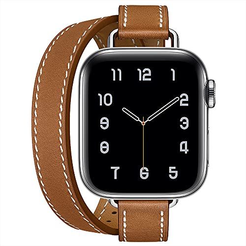 Aergood Compatibel met Apple Watch Band 38/40/41 mm 42/44/45 mm, echt leer double tour slim armband voor iWatch SE serie 7/6/5/4/3, 38/40/41mm, Leer