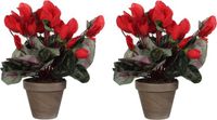 Mica Decorations Cyclaam kunstplant rood in keramieken pot H30 x D30 cm - 2x stuks
