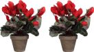 Mica Decorations Cyclaam kunstplant rood in keramieken pot H30 x D30 cm - 2x stuks