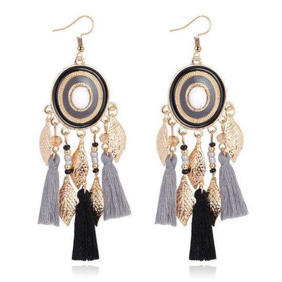 Deja Jewels Lookinggoodtoday Statement Oorbellen met Ronde Hanger, Bedeltjes en Kwastjes - Grijs Zwart