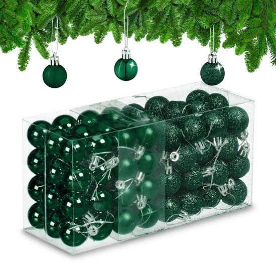 Merkloos / Sans marque Relaxdays Kerstballen set van 96 - Kunststof - 3 cm - Mat, Glanzend, Glitters - Donkergroen
