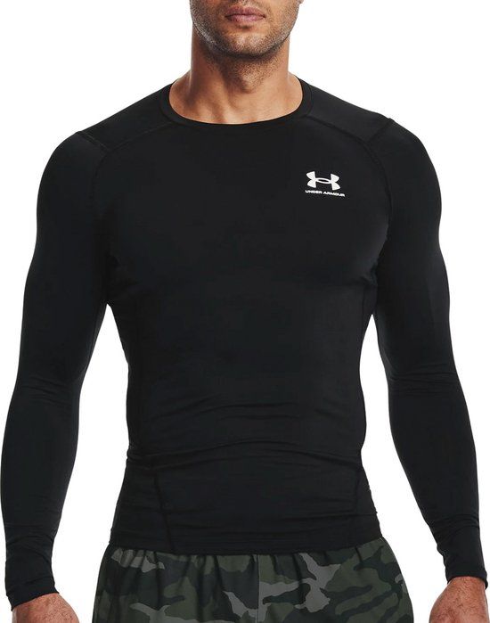 Under Armour UA HG Armour Comp LS-BLK Heren Sportshirt- Zwart - Wit
