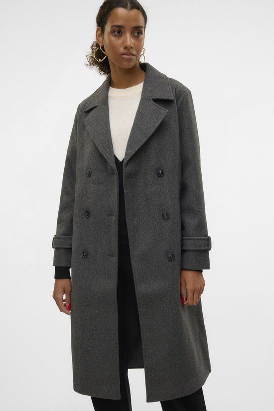 Vero Moda Vmfortunevega Long Trenchcoat - Dark Grey Melange - L - Dames