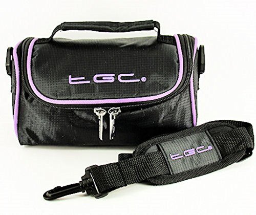 TGC Sony Alpha NEX-3N Camera Case Bag by ® met schouderriem en draaggreep (Jet Zwart met elektrische paarse versieringen)