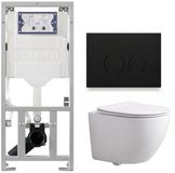 QeramiQ Dely Swirl Toiletset - réservoir encastré Geberit UP320 - avec cadre Burda - abattant 25mm - plaque de déclenchement métal noir mat - boutons ronds - blanc brillant