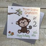 witte WHITE COTTON CARDS Cheeky Monkey GL224-2 verjaardagskaart "To A very Gorgeous Grandson 2 Happy Birthday", handgemaakt, wit