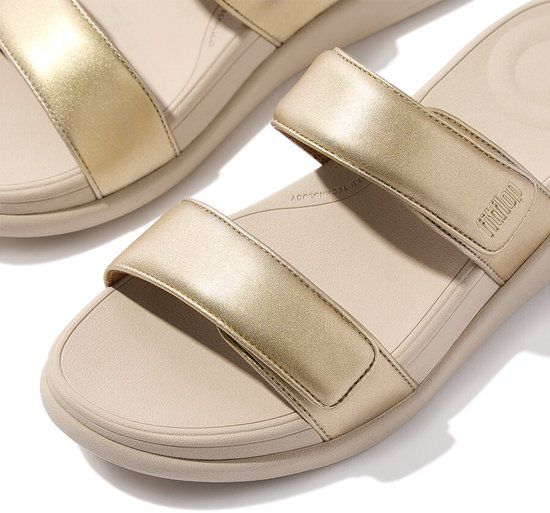 Fitflop Slipper F-Mode Go Adjustable Flatform Two-Bar Slides Platino Goud