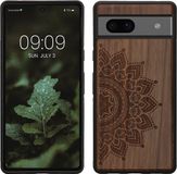 kwmobile telefoonhoesje geschikt voor Google Pixel 7a - Houten hoesje met bumper - Donkerbruin Opkomende Zon design
