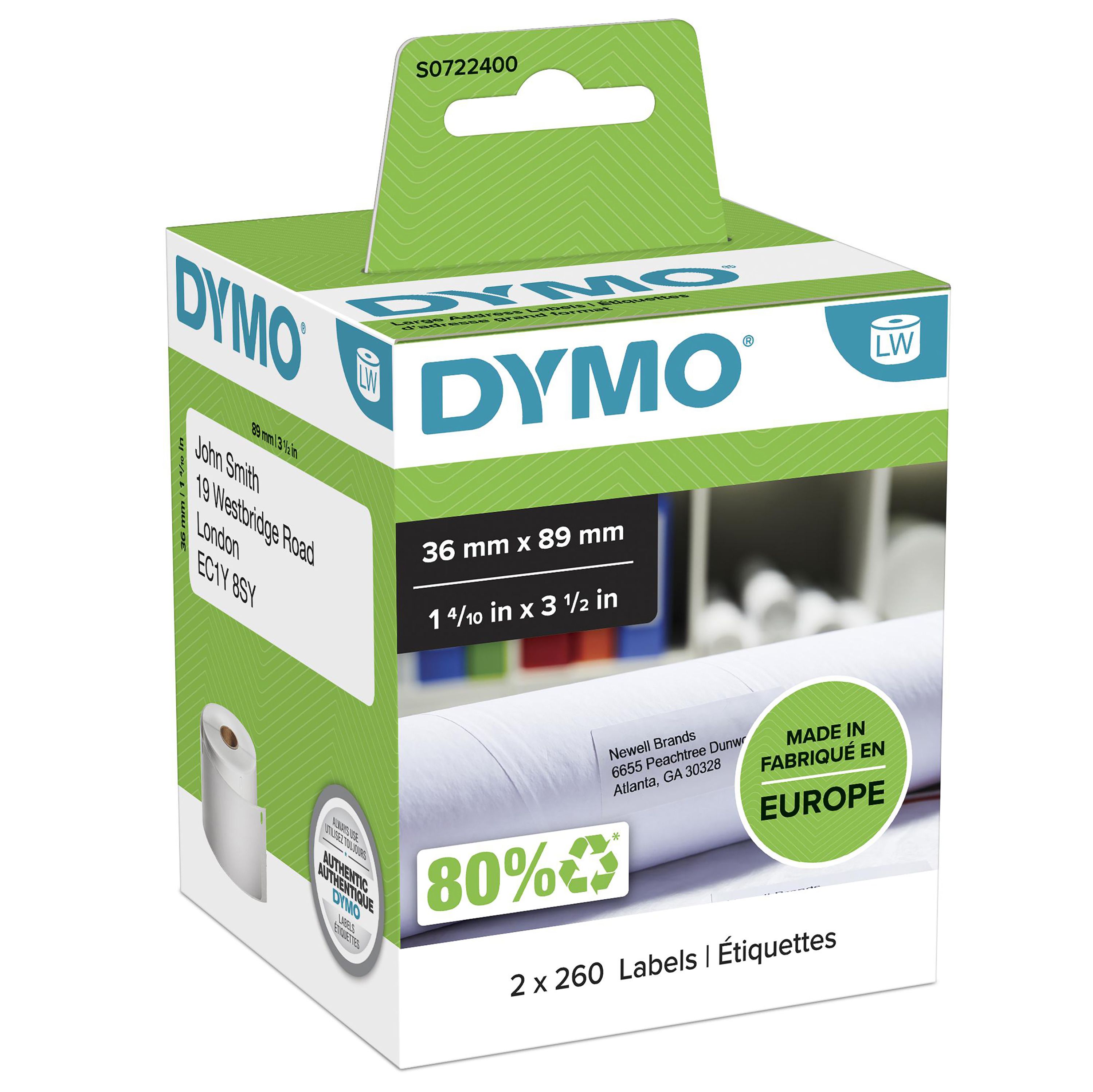 DYMO LabelWriter Large Address Labels - 36 x 89mm - White - 520 Labels