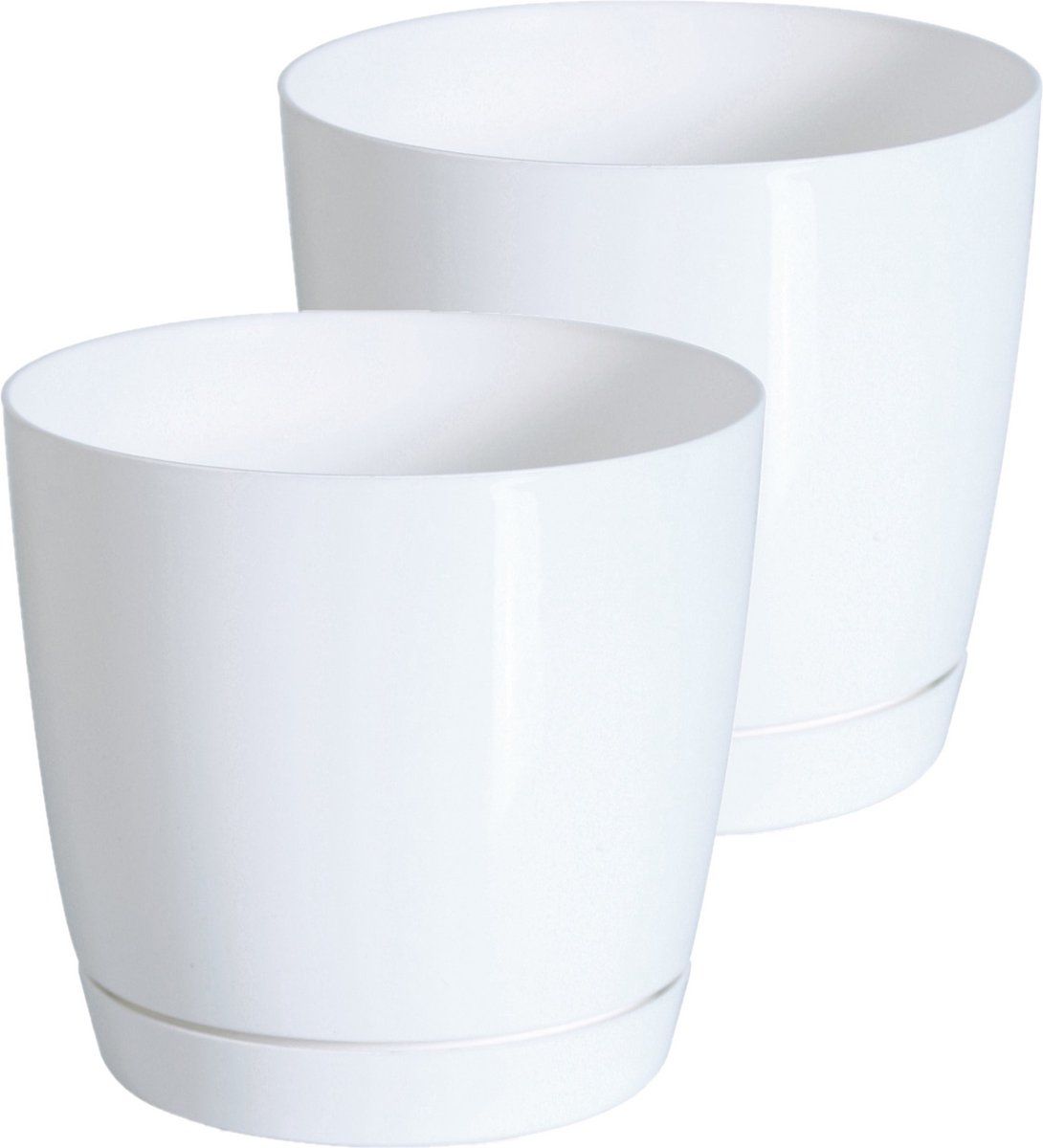 Prosperplast Set van 2x plantenpotten/bloempotten kunststof rond glanzend parel wit dia 13.5 x hoogte 12.5 cm