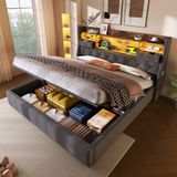 REDOM lit de rangement 140x200 cm – Gris lin – Hydraulique – LED (app + télécommande, 60 000+ couleurs) – 3x USB (1x charge rapide) et Type-C – Incl. matelas 7 zones H3