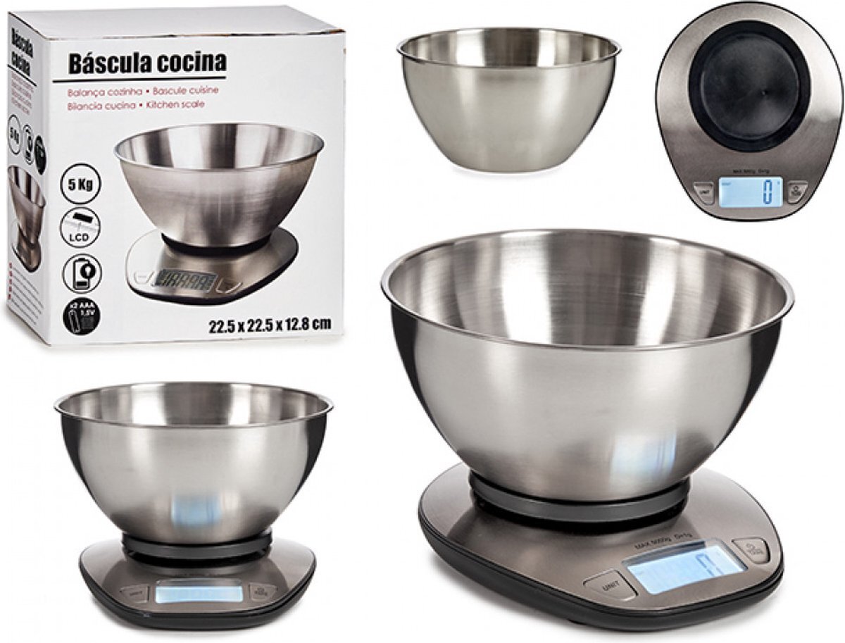 Báscula Cocina Weegschaal - Bascula Cocina - Keuken - Digitaal - Zilver metaal - Maximaal 5 KG - Afmeting: 22x22x13cm - LCD scherm