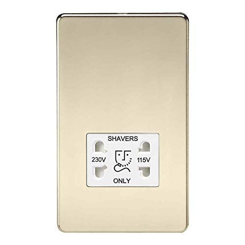 Knightsbridge Schroefloze dubbele spanning scheerapparaat Socket in gepolijst messing met wit tussenvoegsel