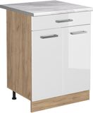 Vicco Keukenonderkast R-Line, Wit Hoogglans/Goudkleurig Eiken, 60 cm met lade marmer werkblad
