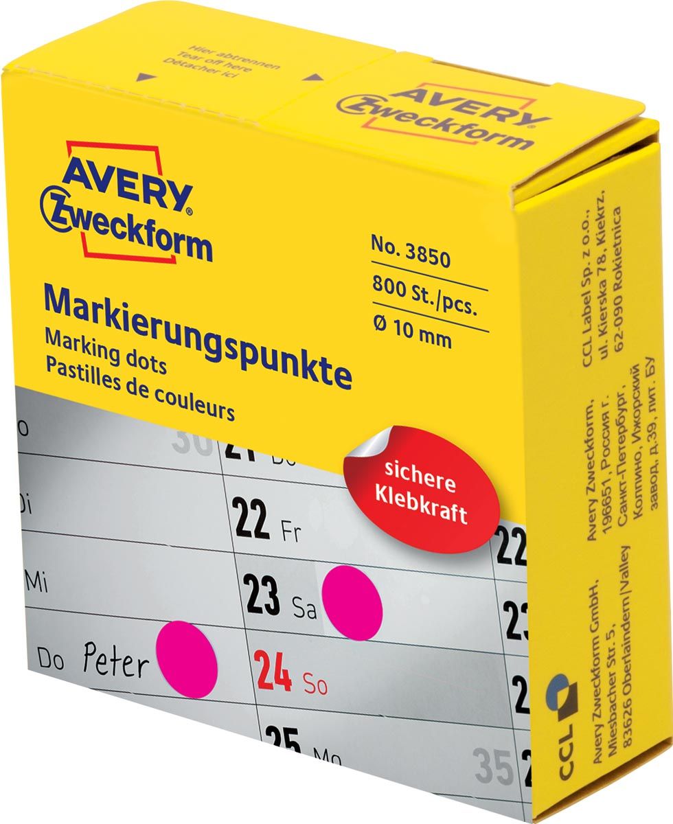 Avery marking dots diameter 10 mm rol met 800 stuks rood