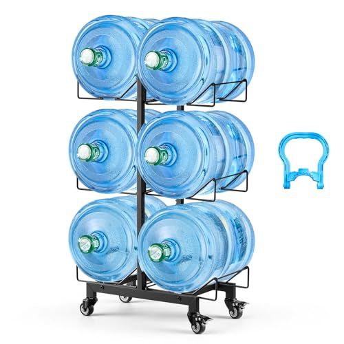 VEVOR Rek voor waterflessen, houder voor grote waterflessen, 3 niveaus voor 6 flessen, compatibel met karaffen van 11 l en 19 l, met wielen met rem, opvouwbaar voor kantoor, keuken, thuis
