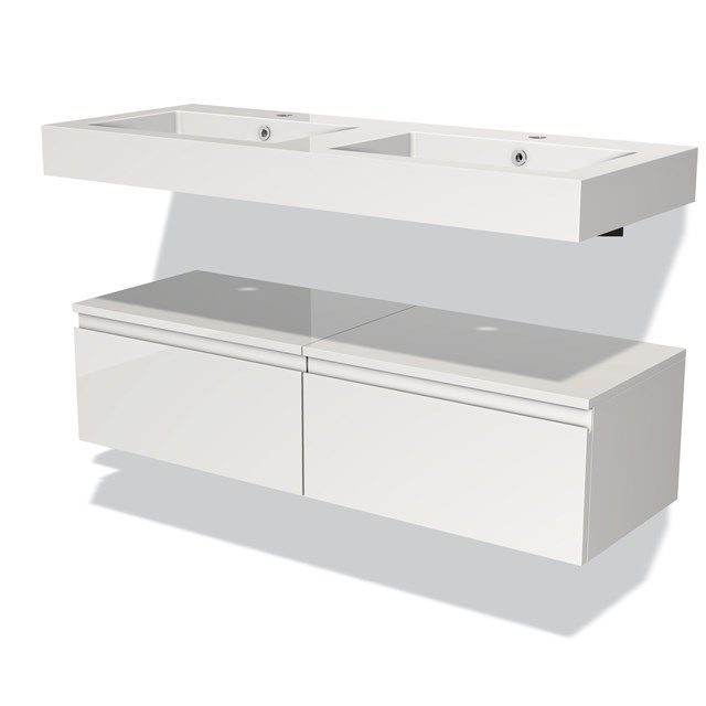 Maxaro Badkamermeubel 120 cm Modulo Hoogglans Wit 2 Lades Greeploos Wastafel Mineraalmarmer