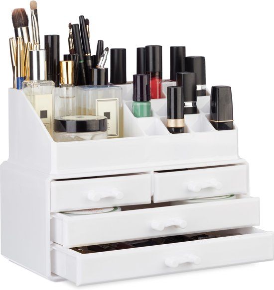 Relaxdays make-up organizer - tweedelig - cosmetica opbergdoos + lippenstift houder wit