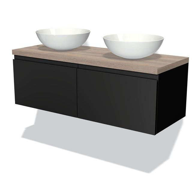 Maxaro Badkamermeubel voor Waskom 120cm Modulo Plato Mat Zwart 2 Lades Greeploos Eiken Blad