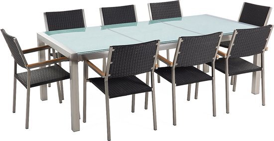 Beliani Tuinset matglas/RVS driedelig tafelblad 220 x 100 cm met 8 stoelen zwart rotan GROSSETO