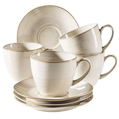 Mäser Nottingham, 931900-serie, vintage koffiemokken set voor 4 personen, schoteltjes met organische vormen in retro look, steengoed beige