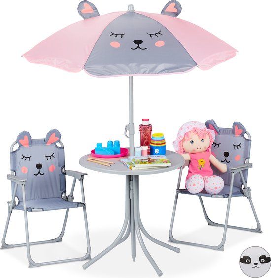 Relaxdays Kindertuinset - Kindertafel, Stoelen & Parasol - Grijs
