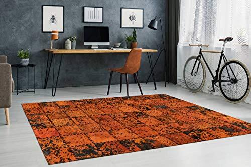 One Couture Leder patchwork tapijt, bont, tapijten, leren tapijt, genaaid, stippen, oranje, woonkamertapijt, eetkamertapijt, tapijtloper, hal, loper, maat: 120cm x 170cm