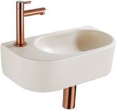 QeramiQ Fuente Fonteinset - 40x21.5x12cm - links - glad - halfrond - 1 kraangat - keramiek - fonteinkraan geborsteld koper - afvoerplug - verlaagd sifon - beige
