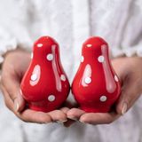 OEM Bol Handgeschilderd Keramisch Peper- en Zoutstel - Rood en Wit, Set van 3 - Met Houder