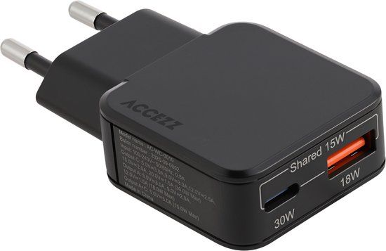 Accezz Ultra Slim GaN Oplader - USB-C + USB-A - 30W - Zwart