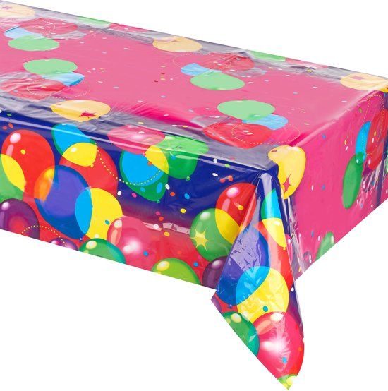 Roze plastic tafelkleed met ballonnen en confetti - 120 x 180 cm