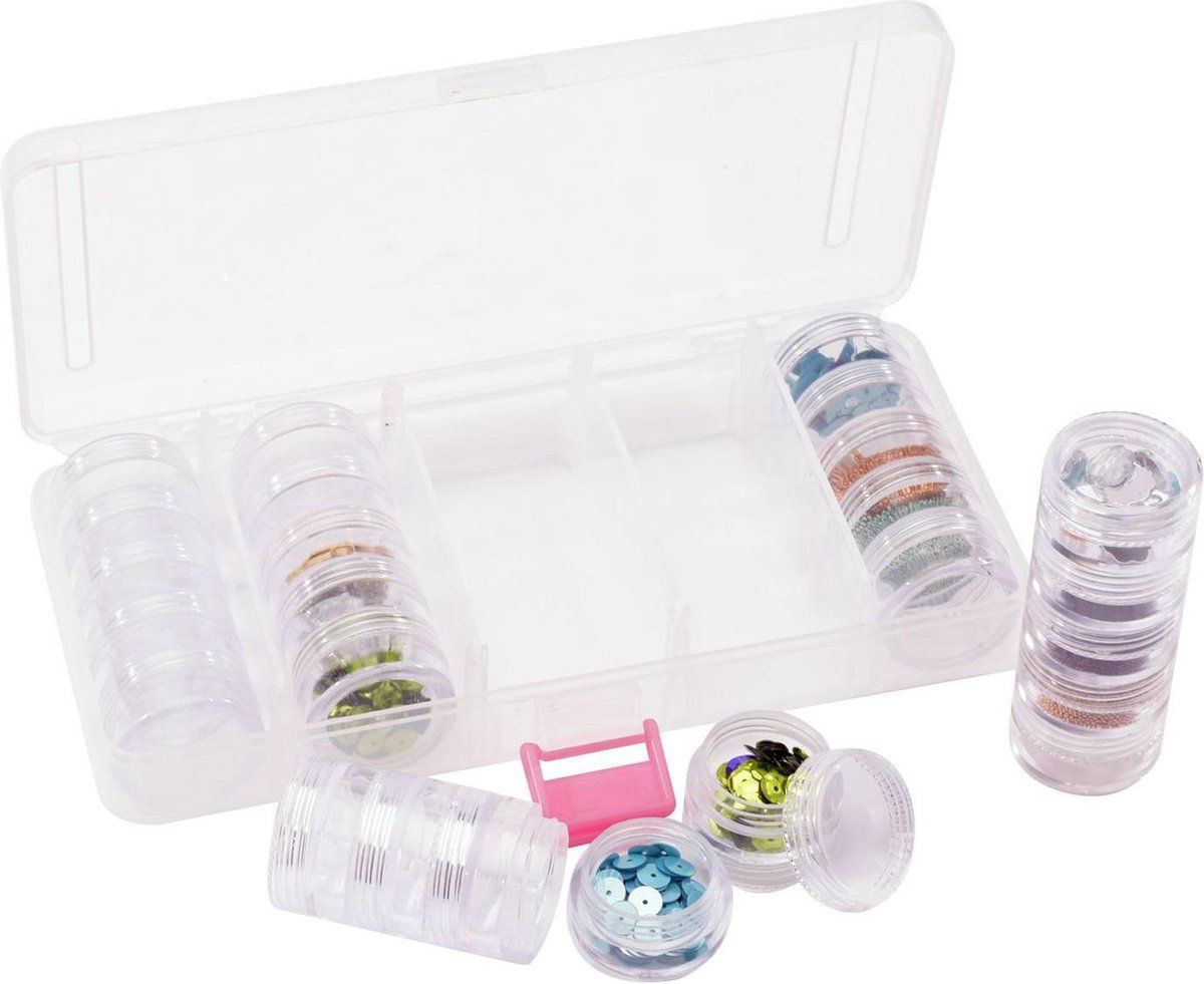 Vaessen Creative Opberg en Sorteerdoos met 25 Potjes - Voor Knutselspullen - 18,5 x 8,5 x 3,2 cm