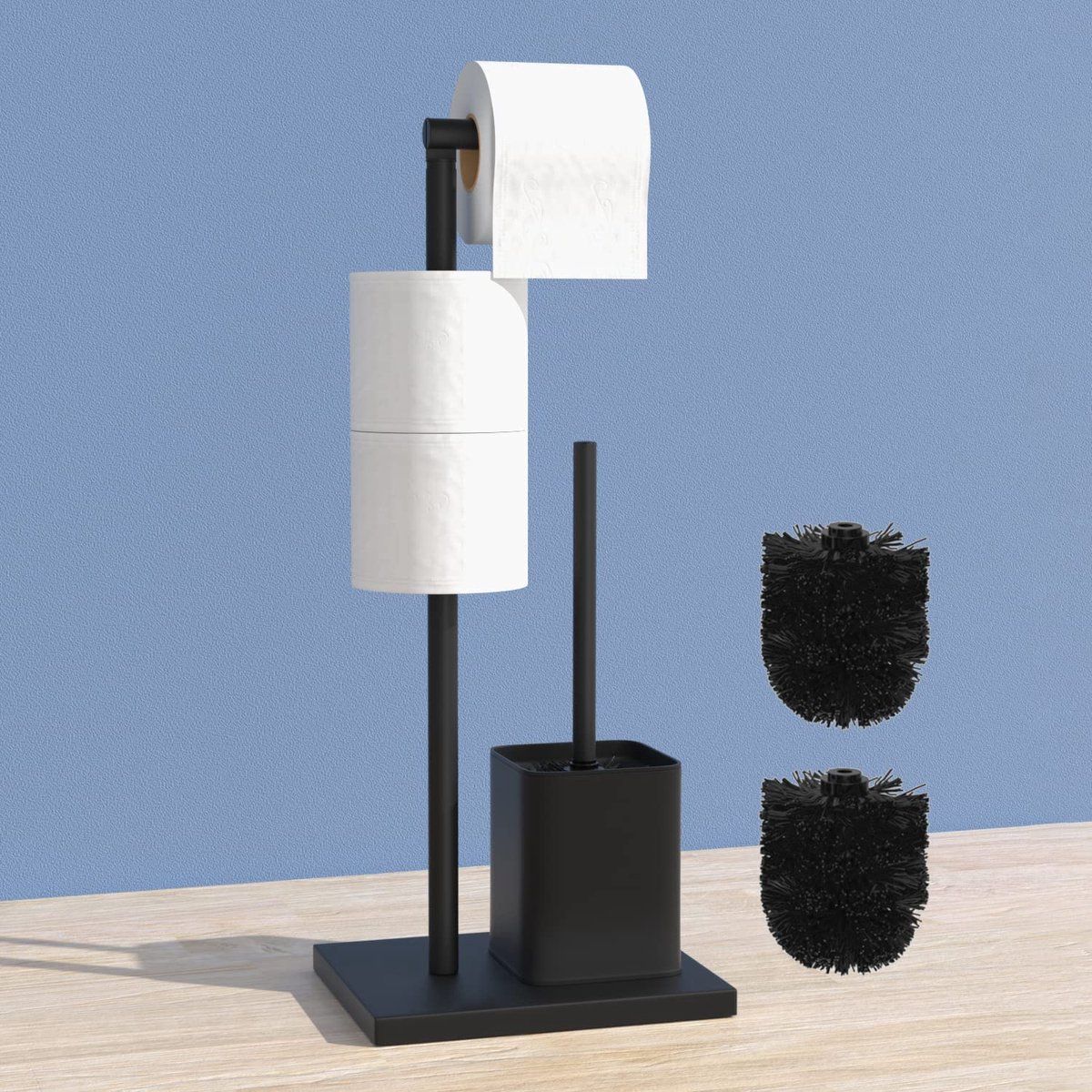 susswiff Roestvrij stalen wc-rolhouder staand met toiletborstel - toiletpapierhouder met wc-borstel, WC-garnituur met toiletpapierhouder staand en toiletborstel, toiletrolhouder staand (zwart mat)