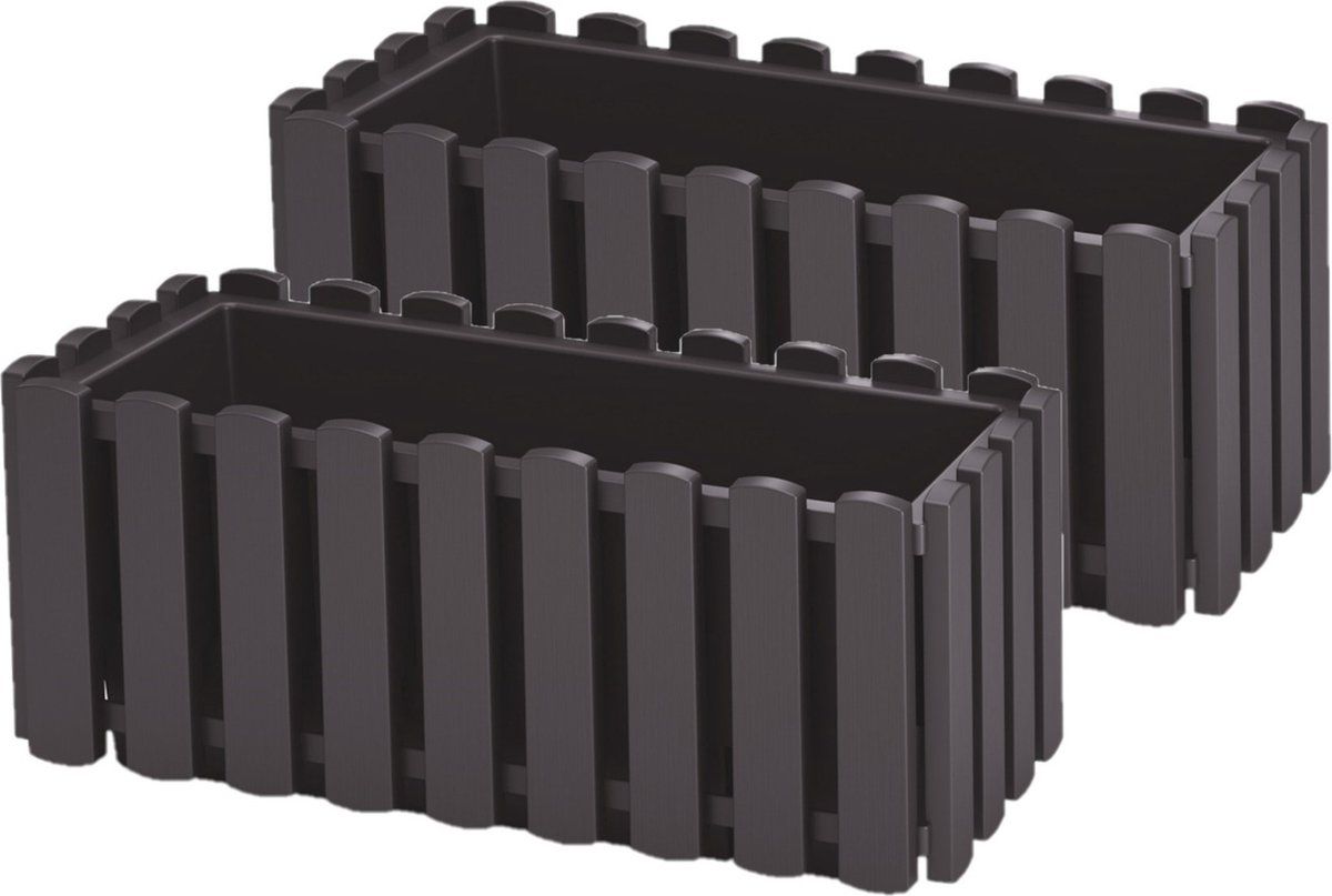 Prosperplast 2x stuks fence-look plantenbakken/bloembakken kunststof 38 x 18 x 16 cm antraciet grijs met droogtemeter