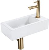 QeramiQ Fuente Fonteinset - 37.5x18.5x9cm - keramiek - kraangat rechts - fonteinkraan geborsteld messing - afvoerplug - verlaagd sifon - Mat wit