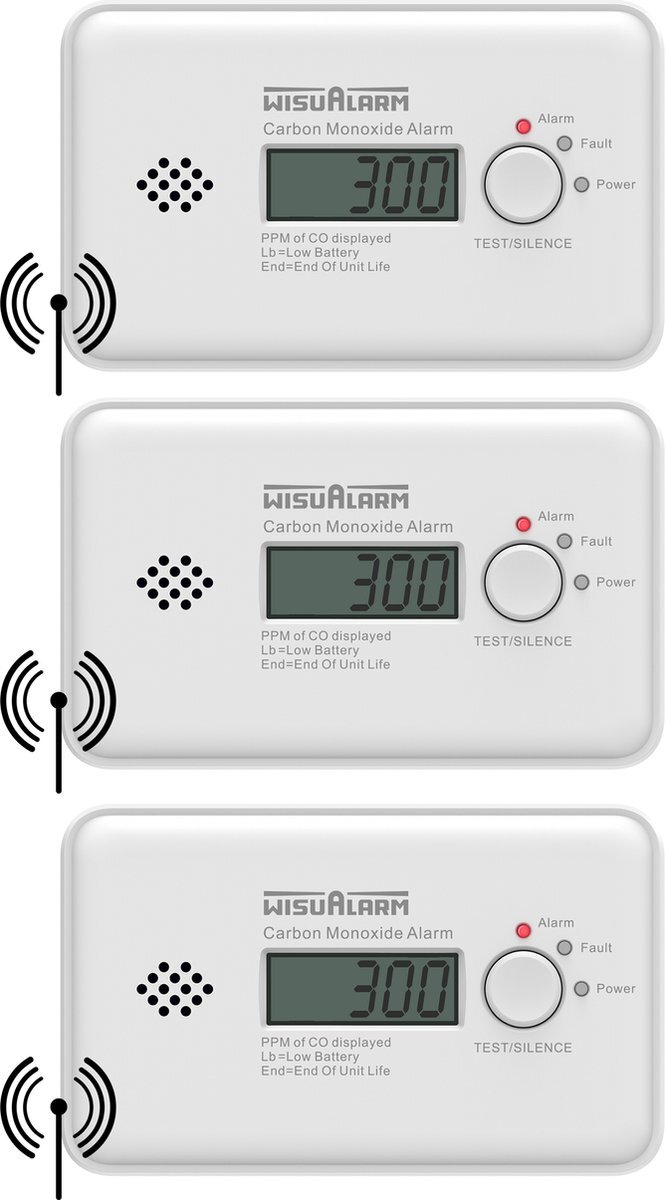 WisuAlarm GC20B-R8 Draadloos koppelbare koolmonoxidemelder - 3 Koolmonoxidemelders - 7 jaar batterij - 10 jaar Figaro® sensor - LCD display - Voldoet aan Europese norm