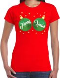 Bellatio Decorations Shoppartners Bv Fout kerst t-shirt - rood - met groene merry Xmas kerstballen - voor dames - kerttrui - kerstkleding XL