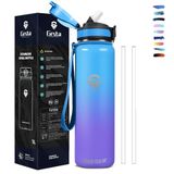 Grsta Thermosfles, 1 l, met BPA-vrij rietje, vacuüm geïsoleerd, lekvrij, roestvrij staal, voor sport, camping, fietsen
