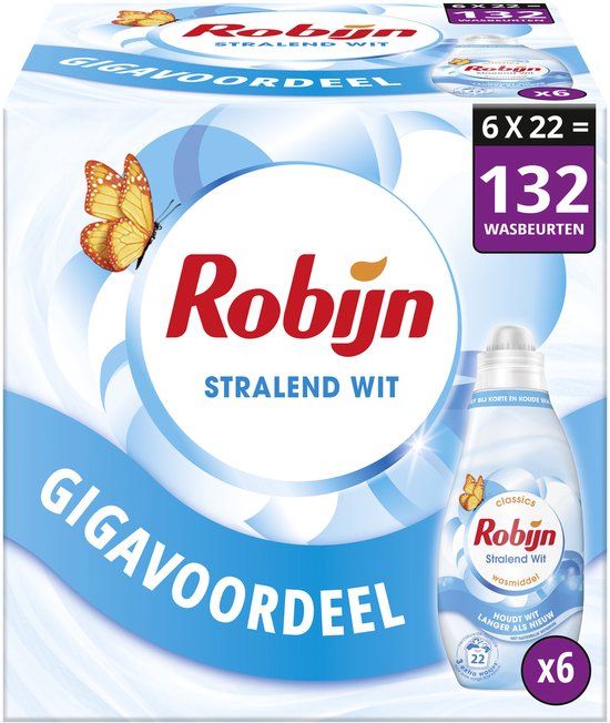 Robijn - Klein & Krachtig Stralend Wit Vloeibaar Wasmiddel - 132 wasbeurten - 6 flessen